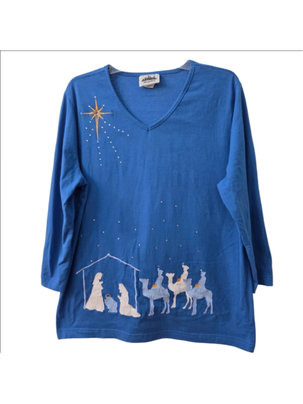 Metropolitan Y2K Womens Nativity Scene V-Neck 3/4 Sleeve Top XL Good Conditio...